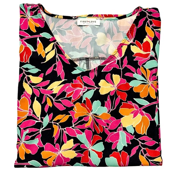 Women Floral V-Neck Top L Boho Vibrant Tropical Flowy Beachy Cruise Resort - Picture 11 of 12